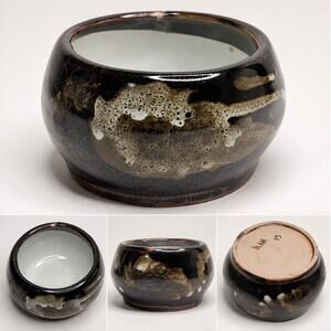 Signed Studio Pottery Bowl Planter Brown Drip Glaze Abstract NAN 15